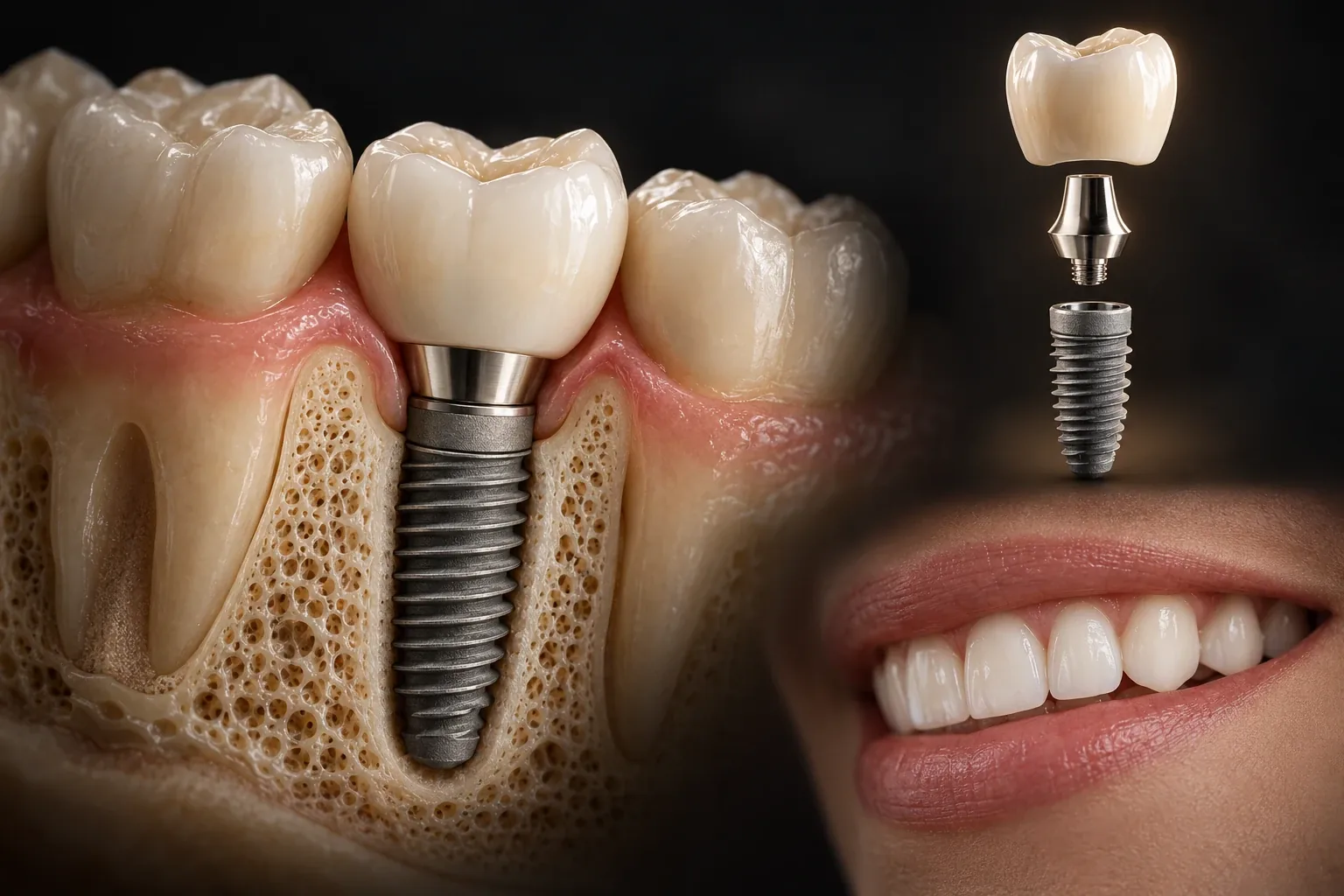 Implante dental con corona y una sonrisa natural