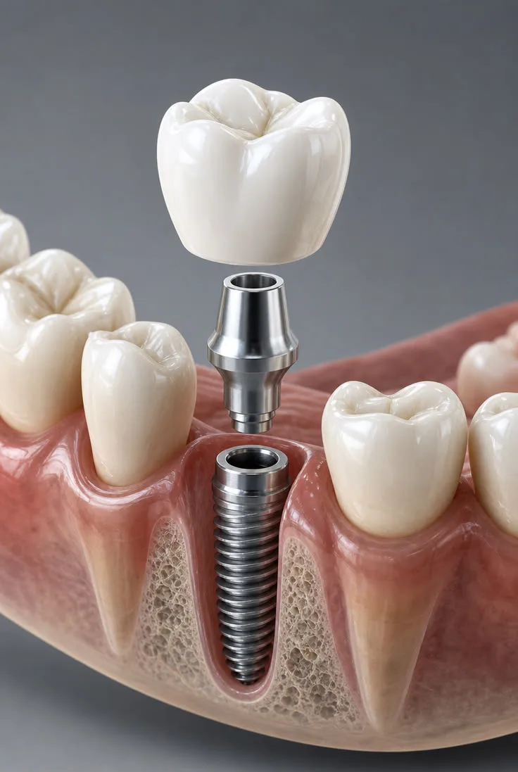 Partes de un implante dental: tornillo en el hueso, pilar y corona