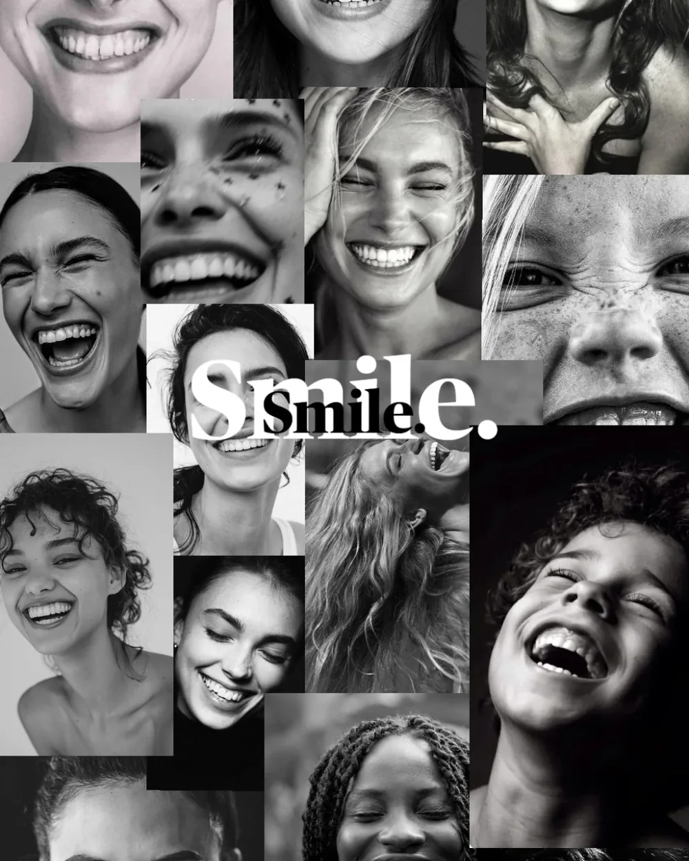 Collage de personas sonriendo con la palabra Smile